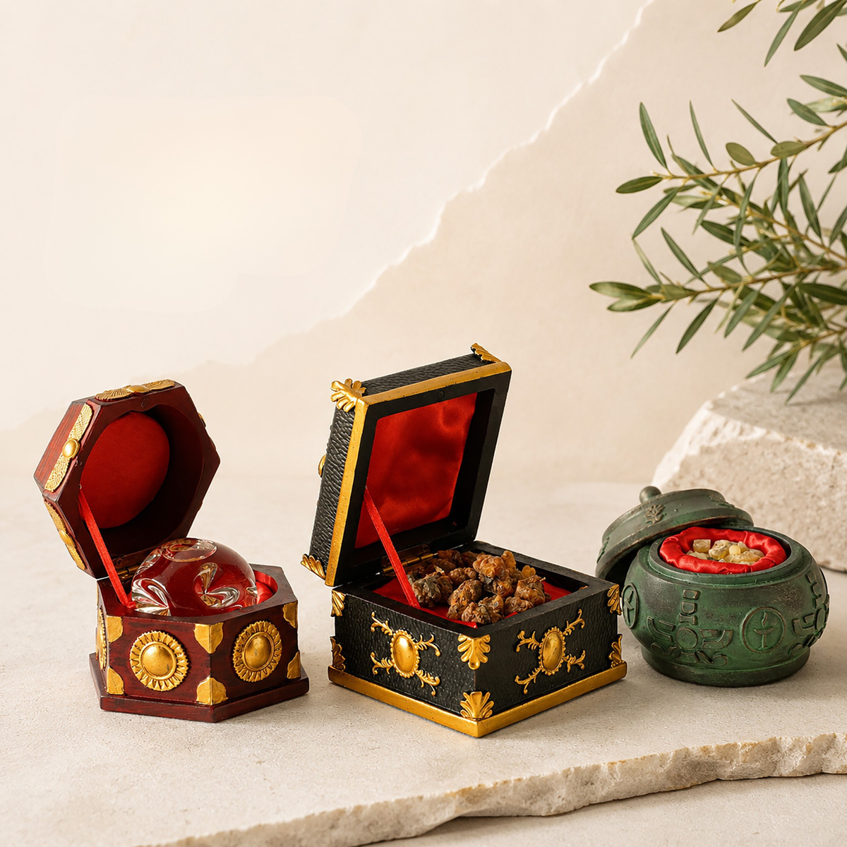 Three decorative miniature storage boxes displayed on a stone surface against a warm beige background. One open box on the left is reddish-brown with gold detailing and a red interior containing a clear dome object.
