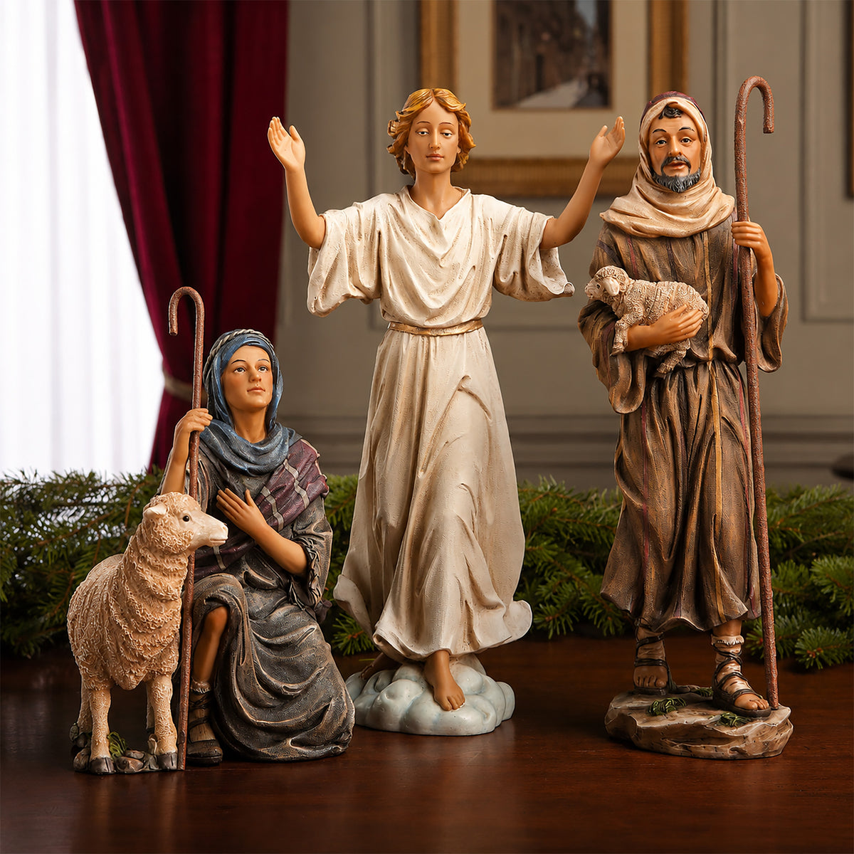 Shepherds & Angel, 3-Piece Set – 14-Inch Scale, shown in a lifestyle setting