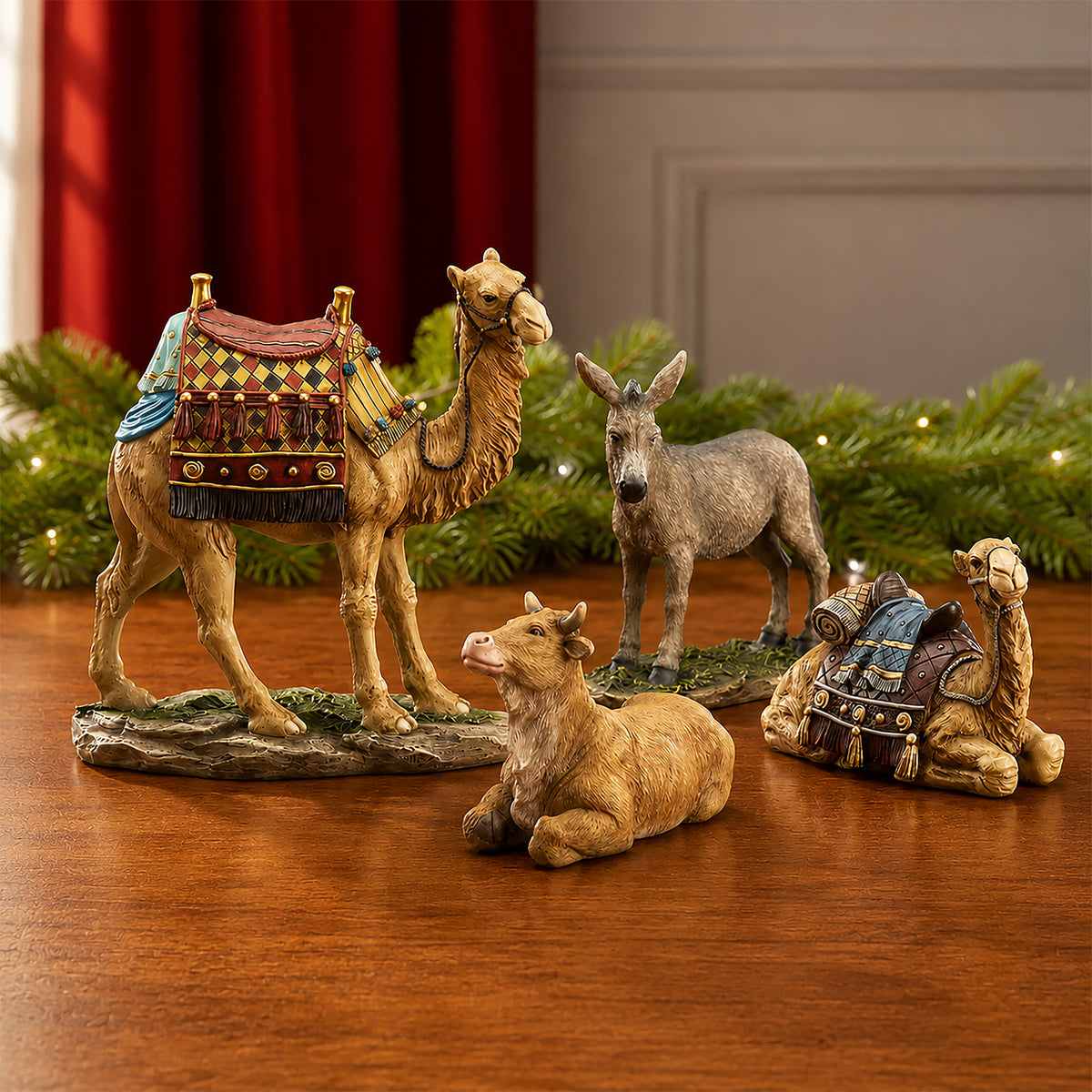 Nativity Animals, 4-Piece Set – 14-Inch Scale, shown in a lifestyle setting