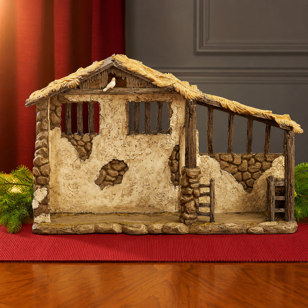 Lighted Nativity Stable – 10-Inch Scale, shown in a lifestyle setting