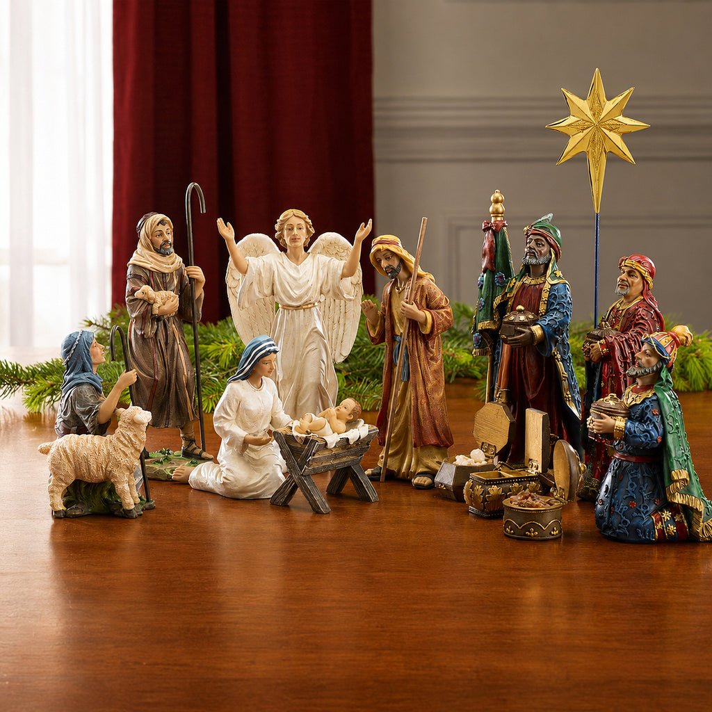 Nativity Figures with Gifts of the Magi, 11-Piece Set – 14-Inch Scale, shown in a lifestyle setting