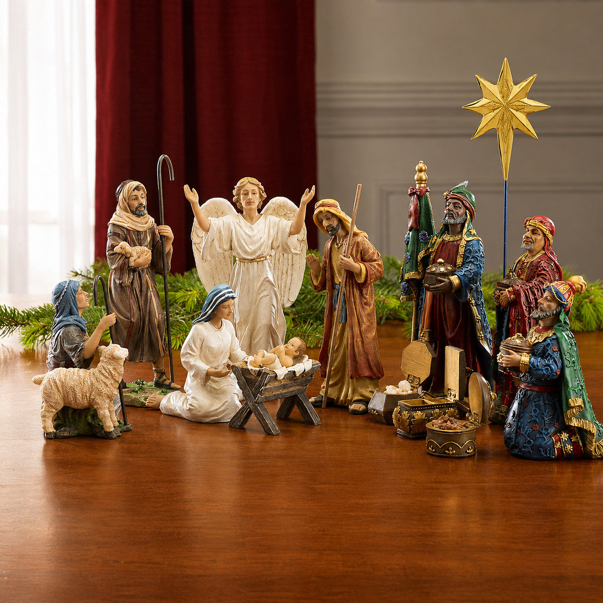 Nativity Figures with Gifts of the Magi, 11-Piece Set – 14-Inch Scale, shown in a lifestyle setting