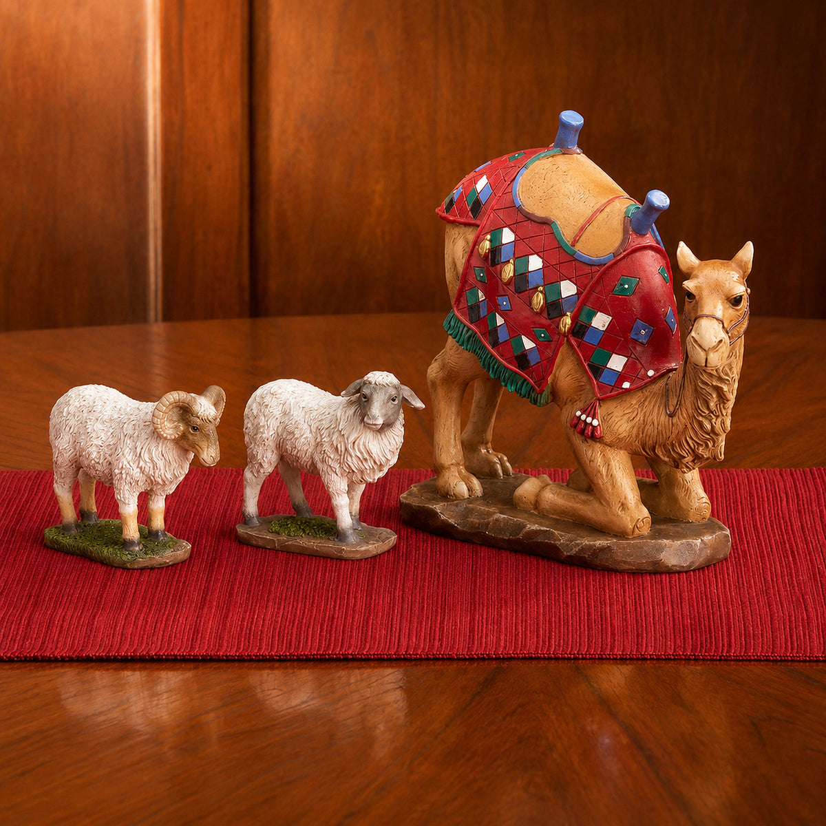 Kneeling Camel & Awassi Sheep, 3-Piece Set – 10-Inch Scale, shown in a lifestyle setting