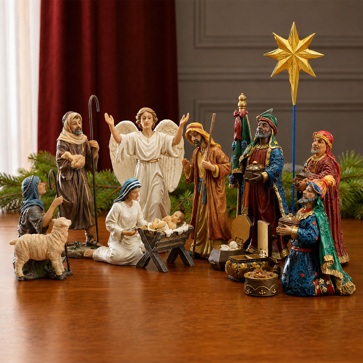 Nativity Figures with Gifts of the Magi, 14-Piece Set – 7-Inch Scale, shown in a lifestyle setting