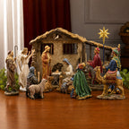 Complete Lighted Nativity with Stable & Animals, 19-Piece Set – 7-Inch Scale, shown in a lifestyle setting