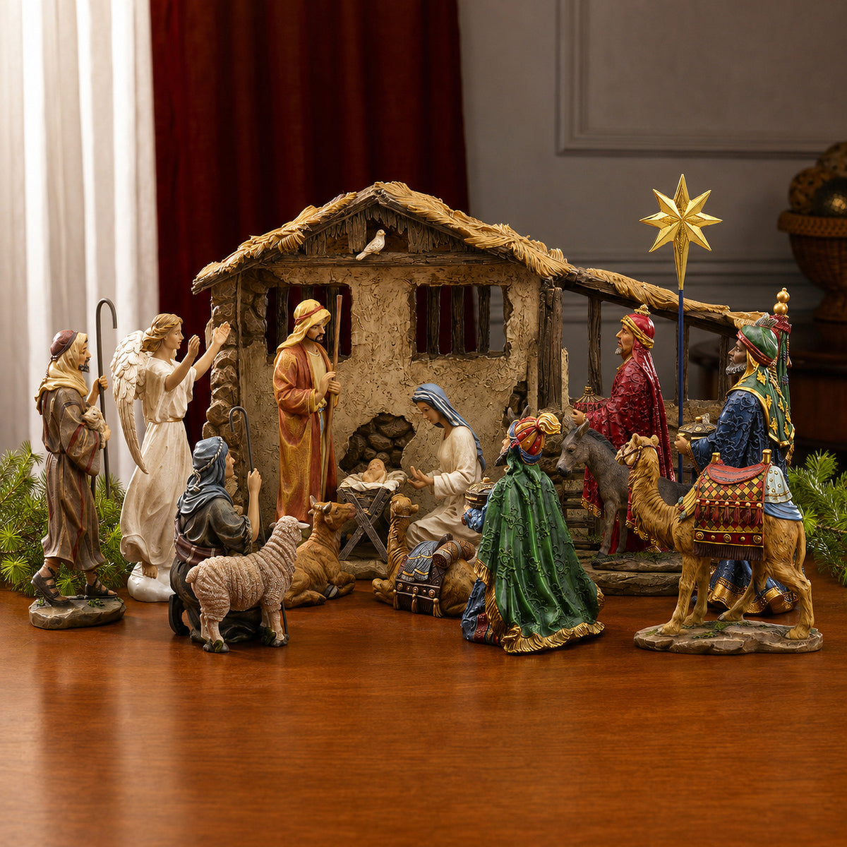Complete Lighted Nativity with Stable & Animals, 19-Piece Set – 7-Inch Scale, shown in a lifestyle setting