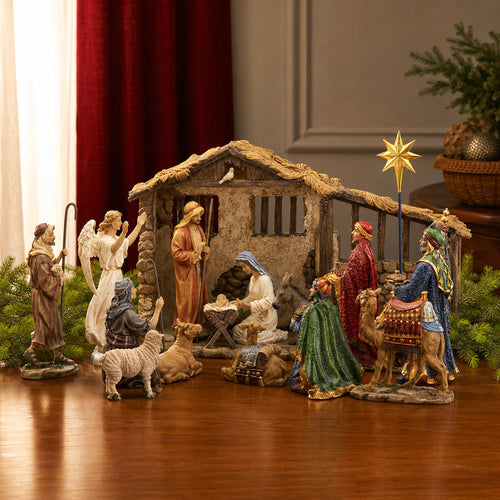 Complete Lighted Nativity with Stable & Animals, 19-Piece Set – 10-Inch Scale, shown in a lifestyle setting