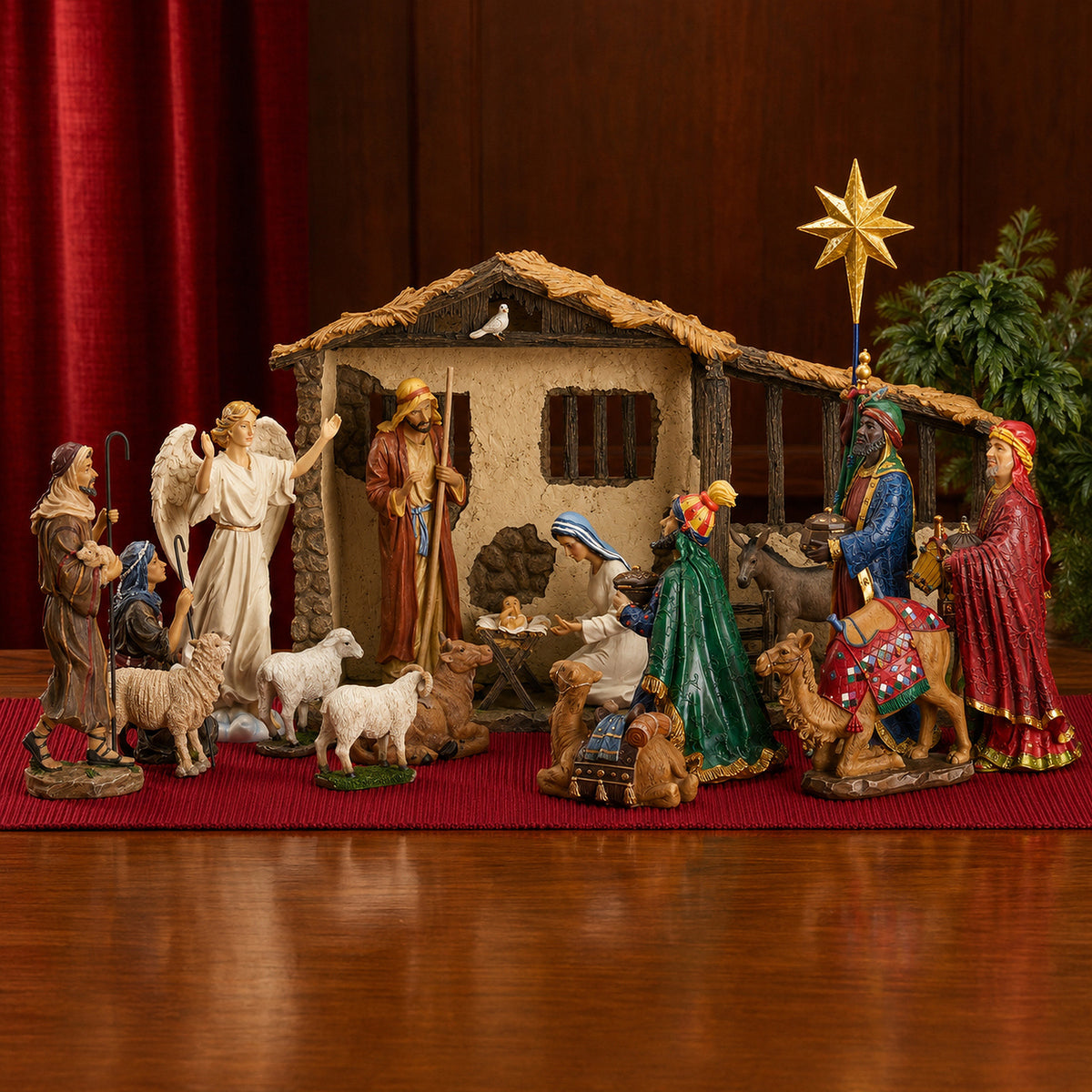 Nativity with Extra Animals & Palm Tree, 20-Piece Set – 10-Inch Scale, shown in a lifestyle setting