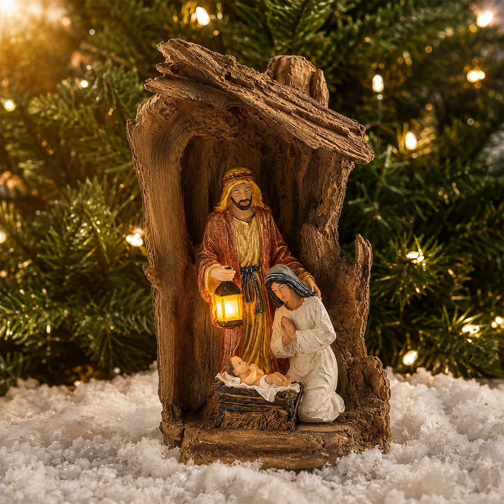 Lighted Holy Family with Lantern, shown in a lifestyle setting