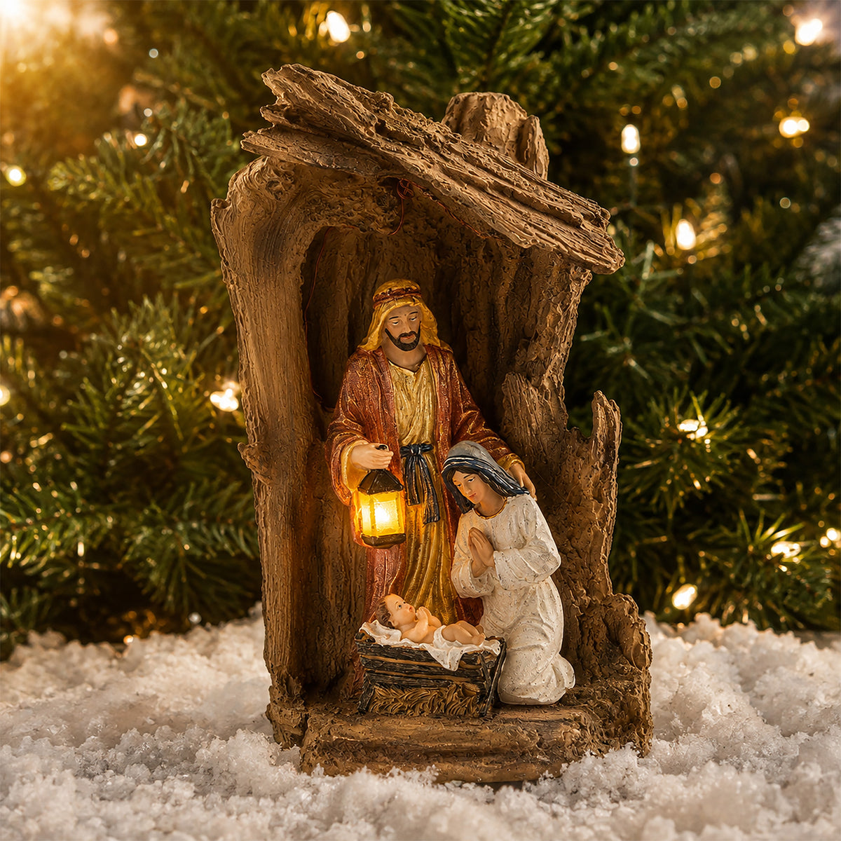 Lighted Holy Family with Lantern, shown in a lifestyle setting