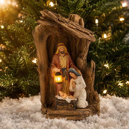 Lighted Holy Family with Lantern, shown in a lifestyle setting