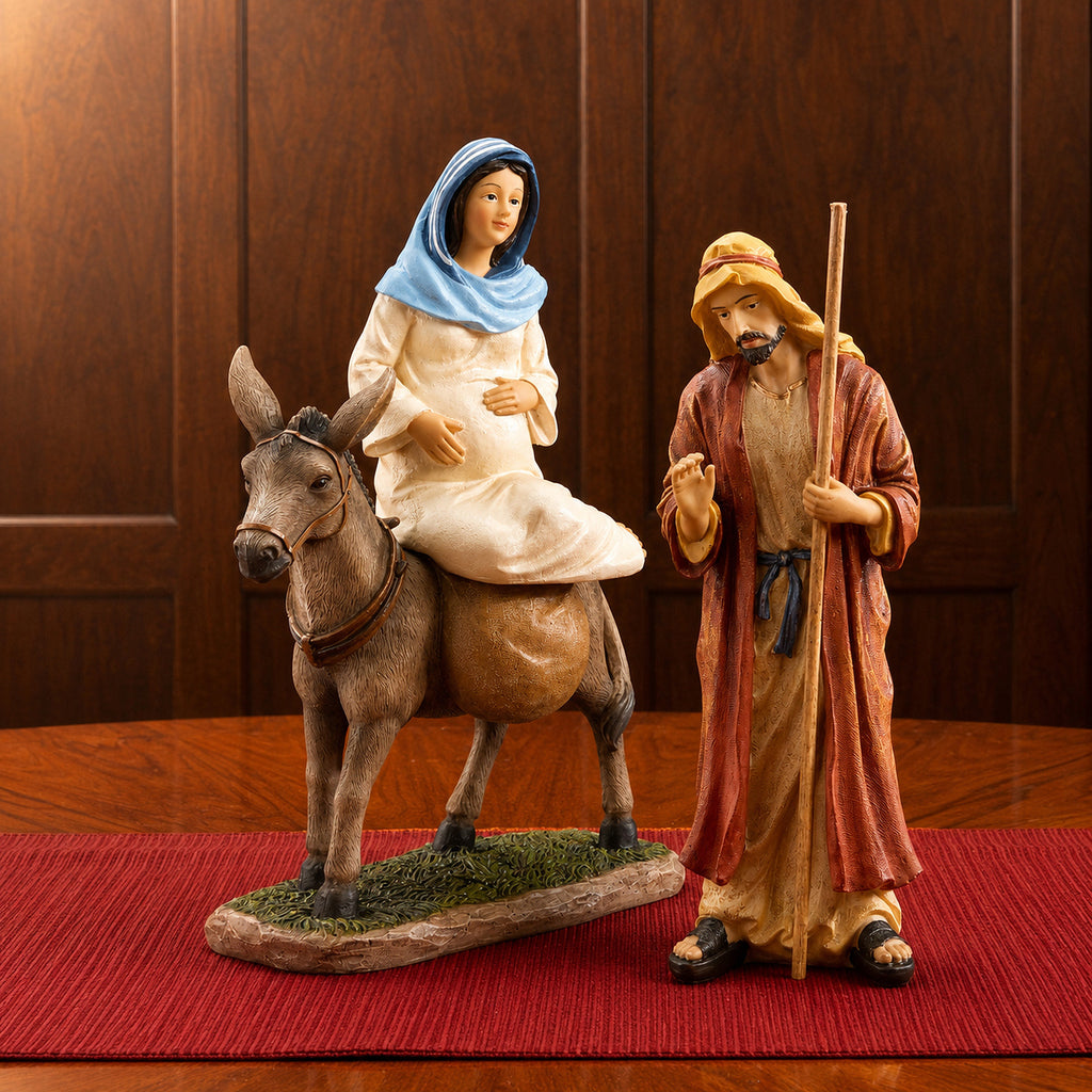 Traveling Holy Family, 3-Piece Set – 10-Inch Scale, shown in a lifestyle setting