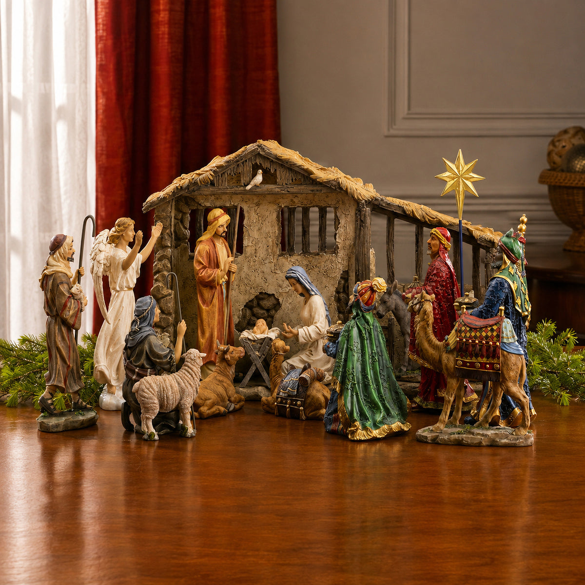 Complete Lighted Nativity with Stable & Animals, 16-Piece Set – 14-Inch Scale, shown in a lifestyle setting