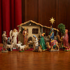Nativity with Extra Animals & Palm Tree, 20-Piece Set – 14-Inch Scale, shown in a lifestyle setting