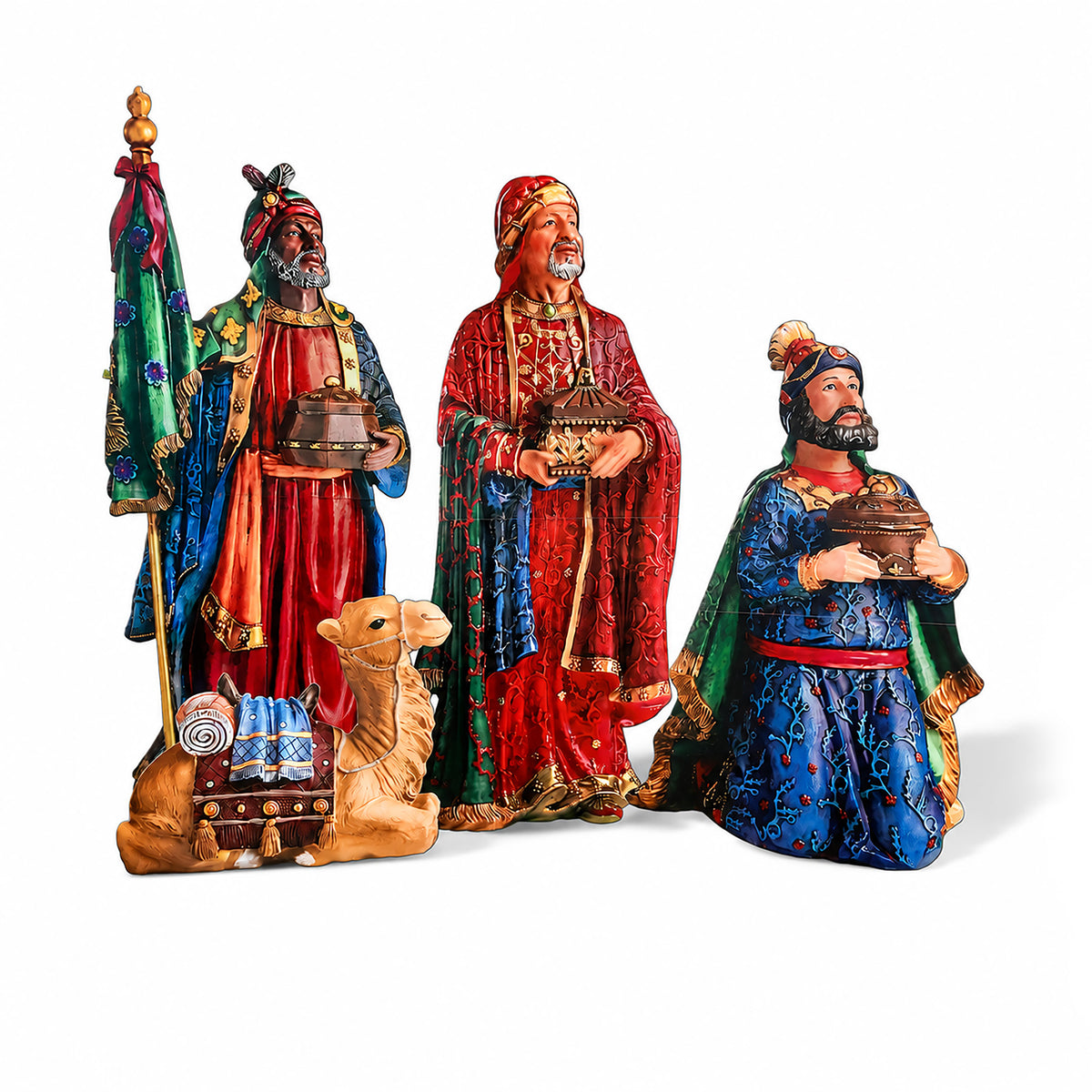 Outdoor Nativity Three Kings & Camel, 4-Piece Set, shown on a white background