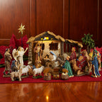 Complete Nativity with Lighted Stable, 23-Piece Set – 5-Inch Scale, shown in a lifestyle setting