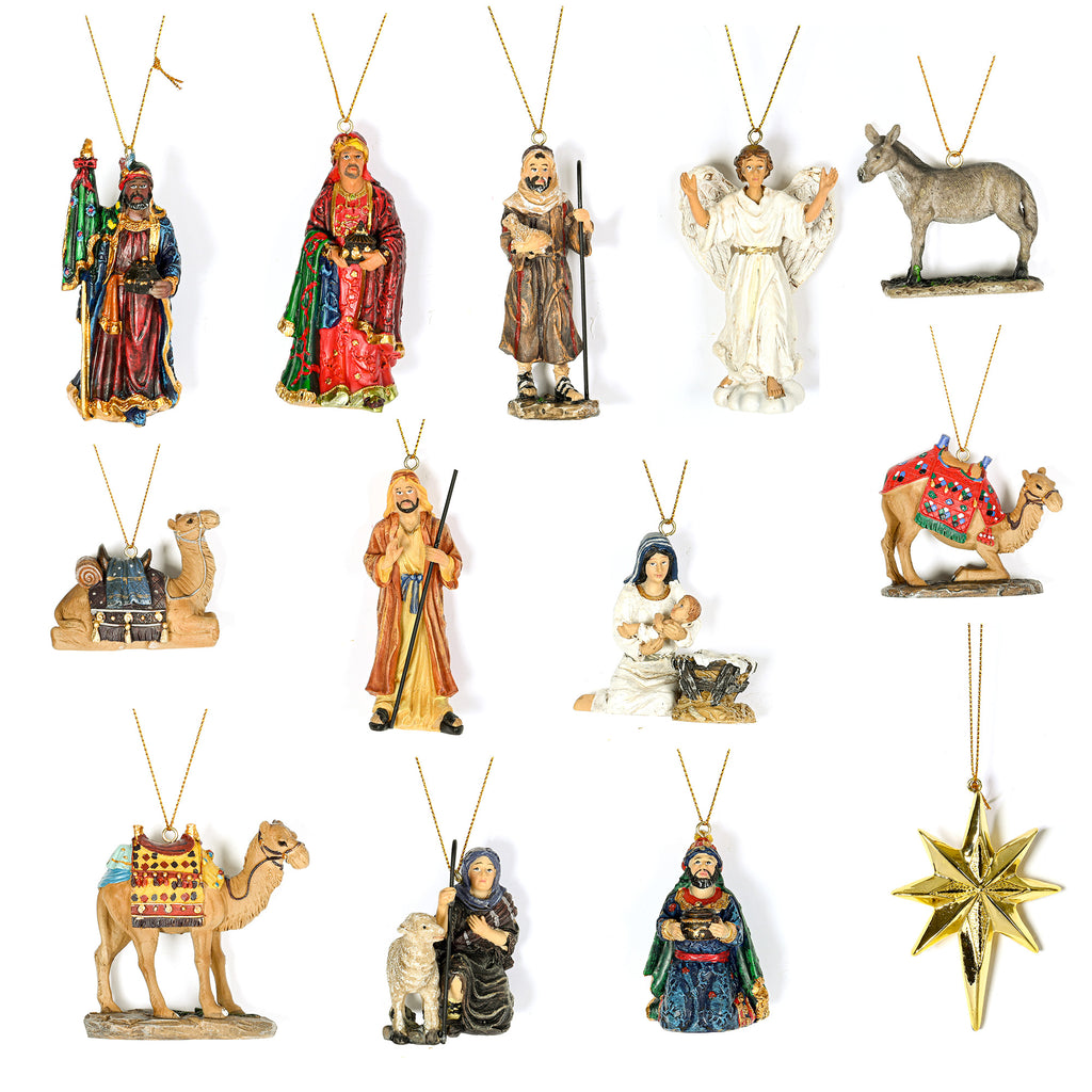 Nativity Ornaments in Cherry Wood Keepsake Chest, 13-Piece Set, shown on a white background