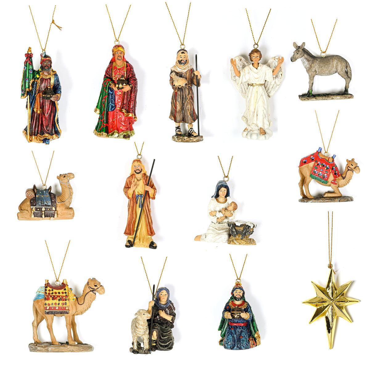 Nativity Ornaments in Cherry Wood Keepsake Chest, 13-Piece Set, shown on a white background