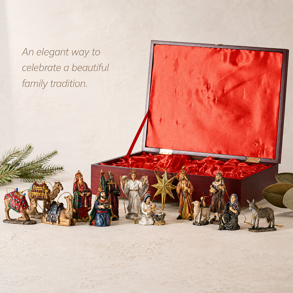 Nativity Ornaments in Cherry Wood Keepsake Chest, 13-Piece Set, view 3