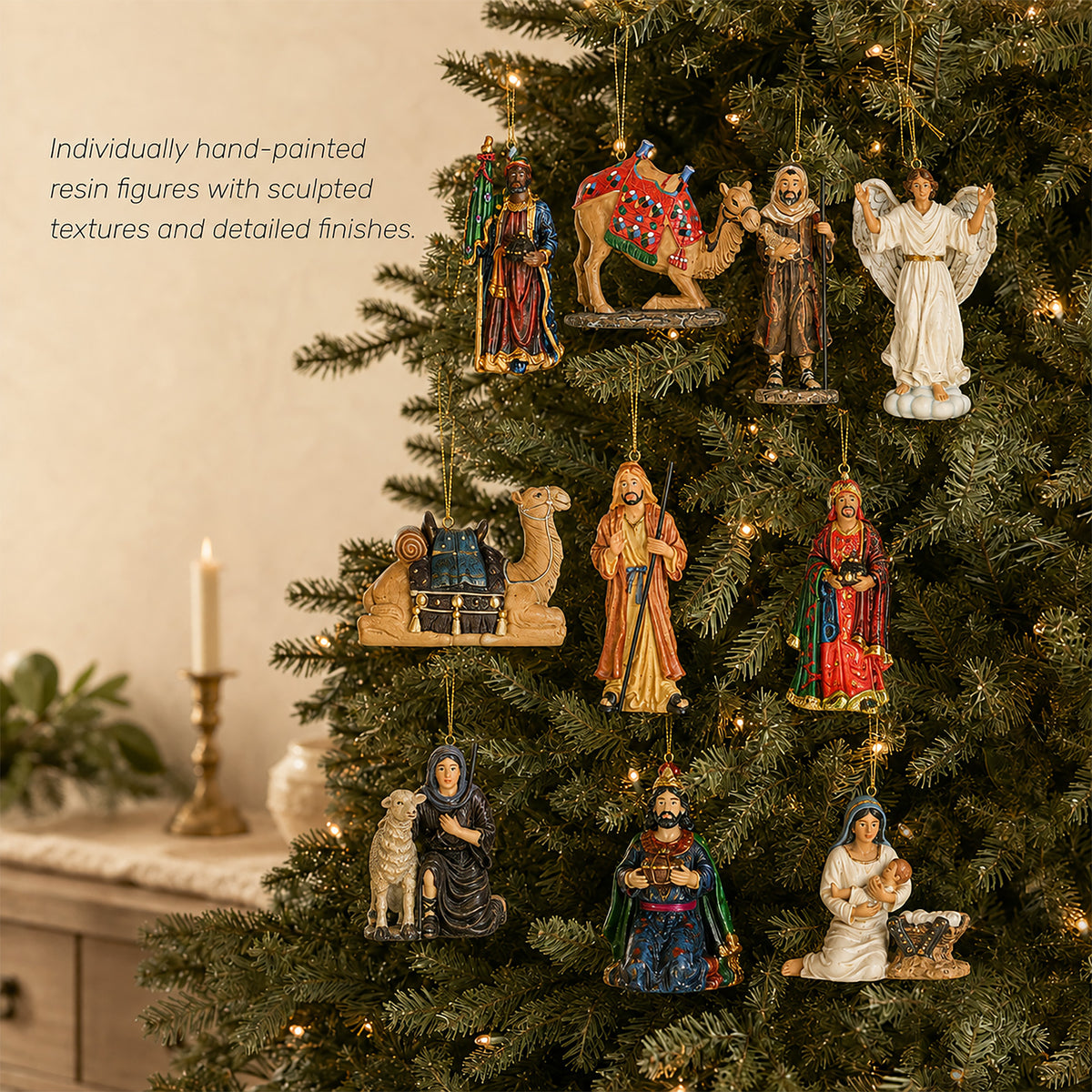 Nativity Ornaments in Cherry Wood Keepsake Chest, 13-Piece Set, view 4
