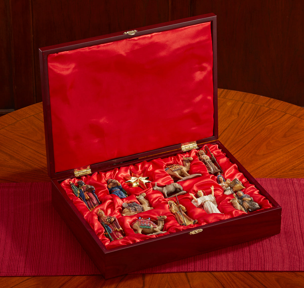 Nativity Ornaments in Cherry Wood Keepsake Chest, 13-Piece Set, view 5