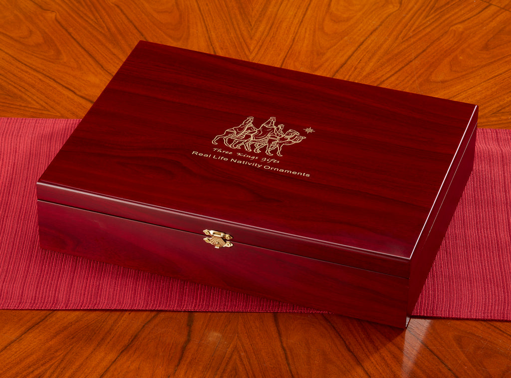 Nativity Ornaments in Cherry Wood Keepsake Chest, 13-Piece Set, view 6