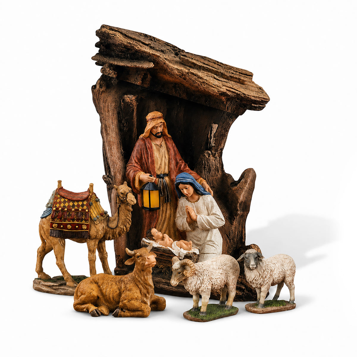 Silent Night Lighted Outdoor Nativity with Animals, shown on a white background