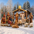 Complete Outdoor Nativity with Stable, 17-Piece Set, shown in a lifestyle setting