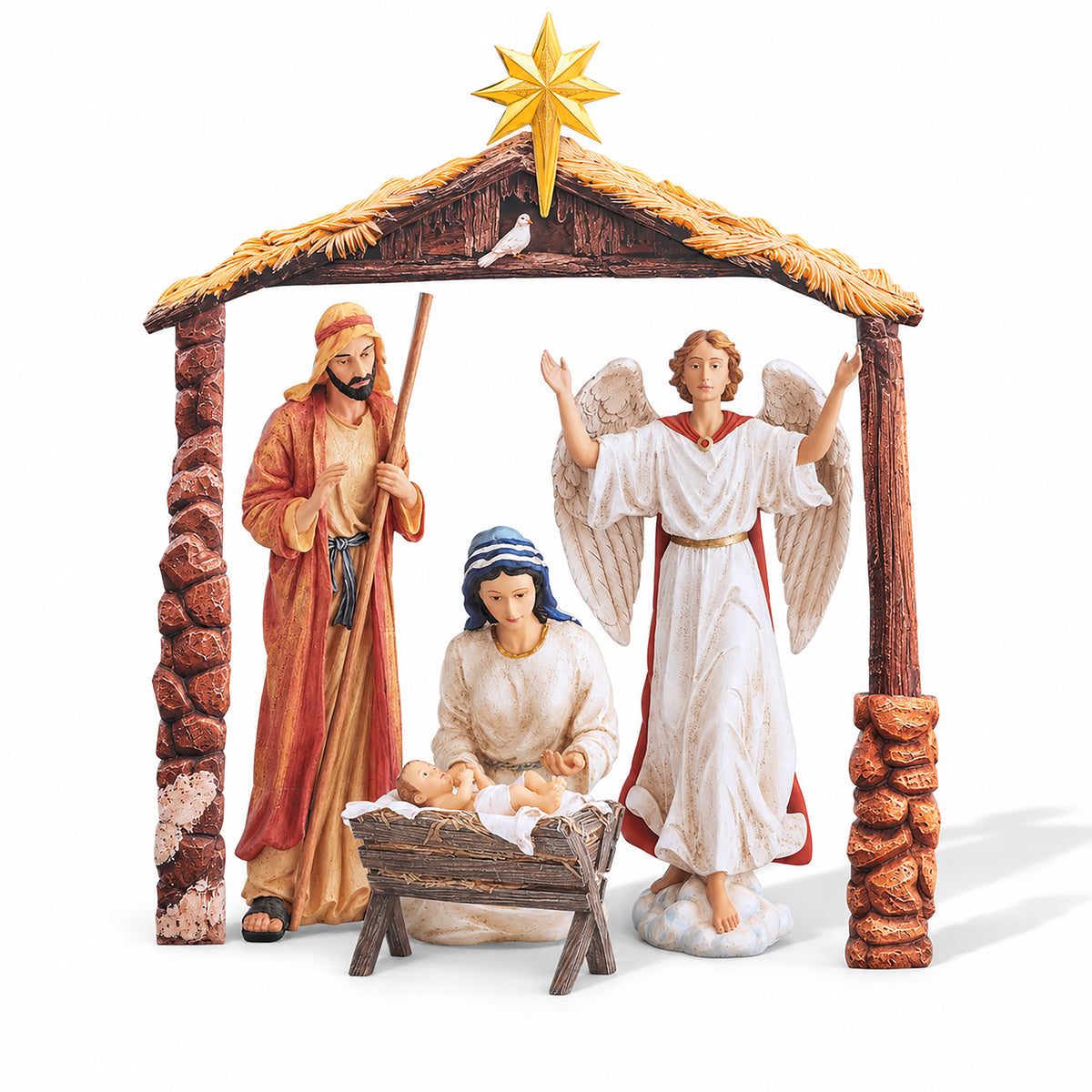 Outdoor Holy Family & Angel with Stable, shown on a white background