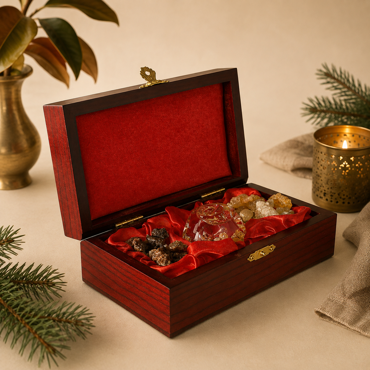 An open dark wood presentation box with a red velvet interior, holding a small clear glass bowl and several amber-colored botanical pieces, styled on a beige surface with a candle, fabric, and greenery in the background.