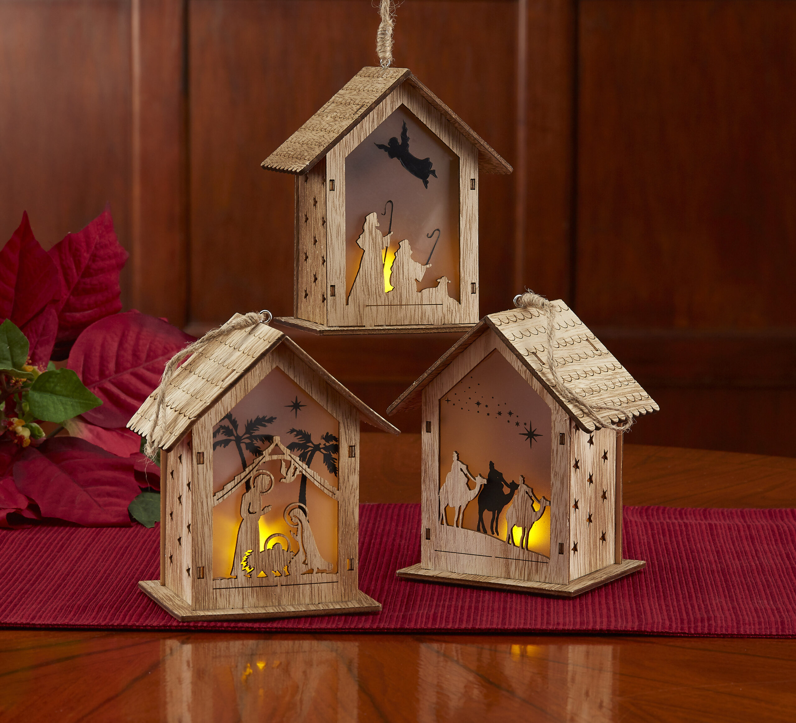 Nativity House Ornaments with Flickering Lights (RLN076)